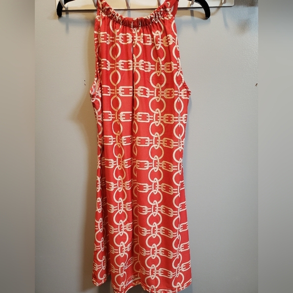 Aryeh Sleeveless Red and Cream Chainlink Design Dress, Large - Picture 3 of 5